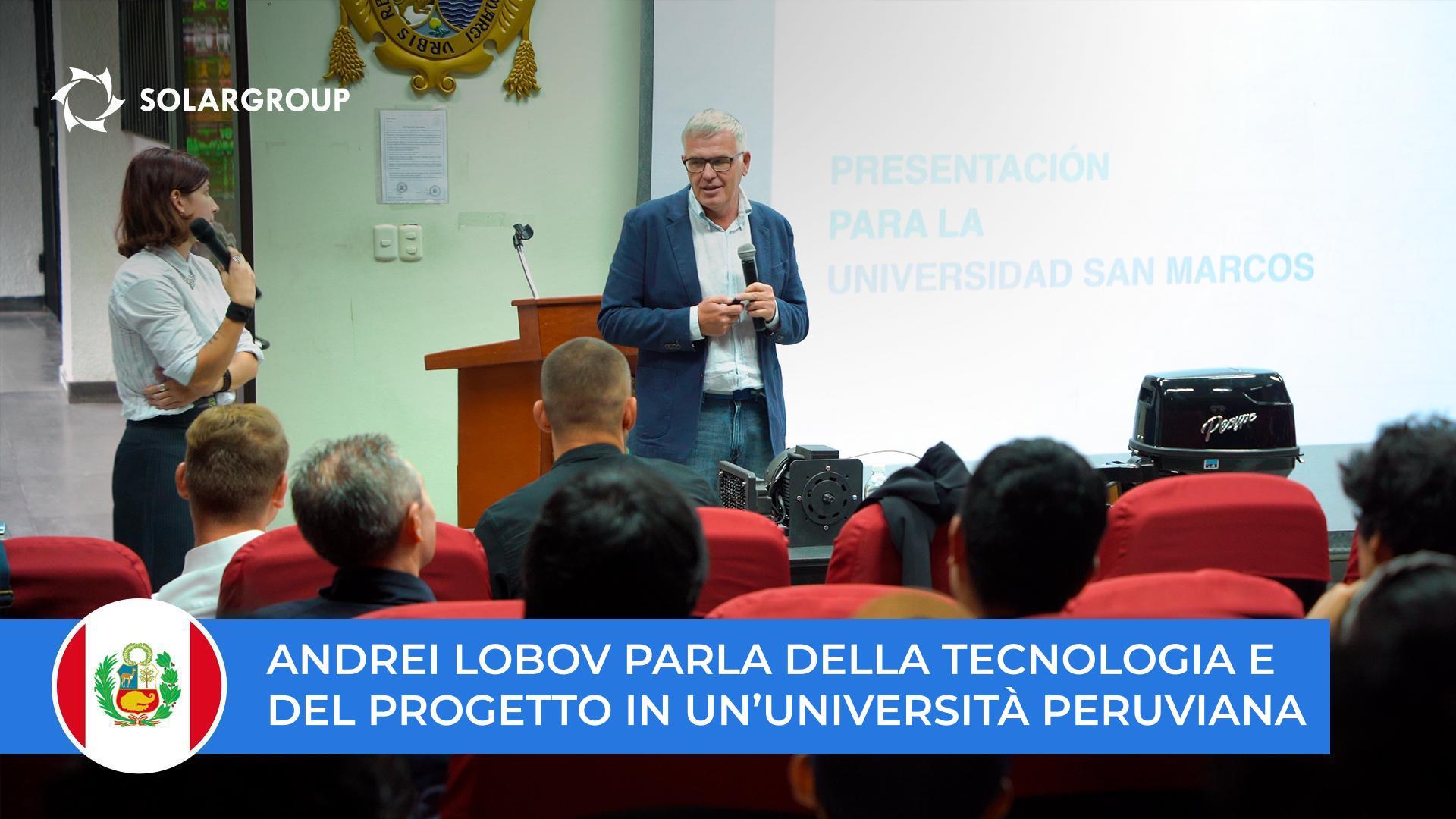 Andrei Lobov parla della tecnologia e del progetto a studenti e professori dell'università San Marcos